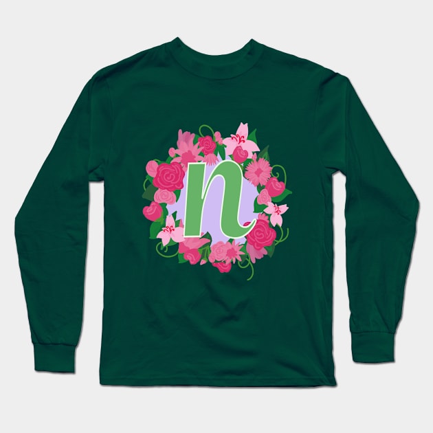 Monogram N, Personalized Floral Initial Long Sleeve T-Shirt by Bunniyababa